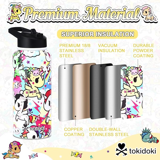 Tokidoki Unicorno Bottle 32oz Insulated Stainless Steel Water Bottle Reusable Vacuum Insulated Water Bottle Tumbler with Leak Proof Flip Bottle for Travel Office Gym (rainbow unicorno)