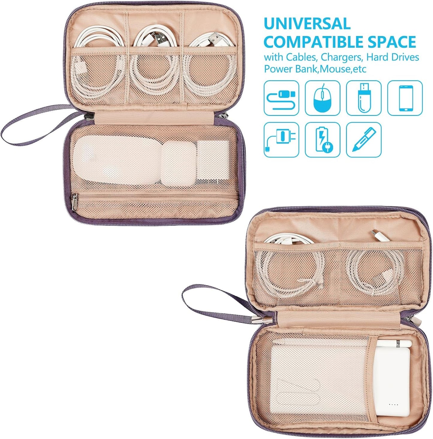 NISHEL Travel Cord Organizer Case, Double Layers Tech Electronic Bag, Essentials for Charger, Cable, Phone, Flash drive, Purple