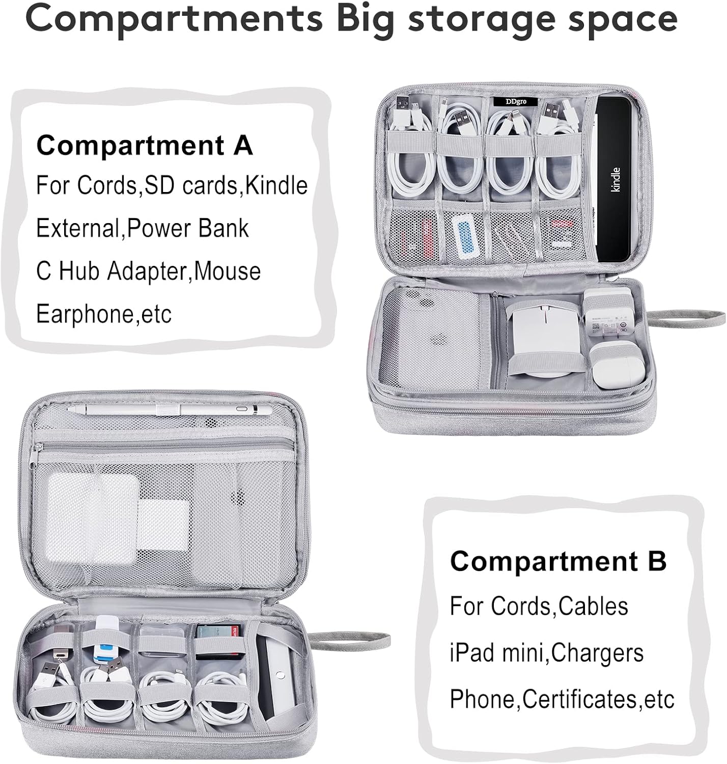 DDgro Cable Organizer Bag, Large Charger Cord Travel Case for Electronics & Tech Accessories (Large, Light Grey)