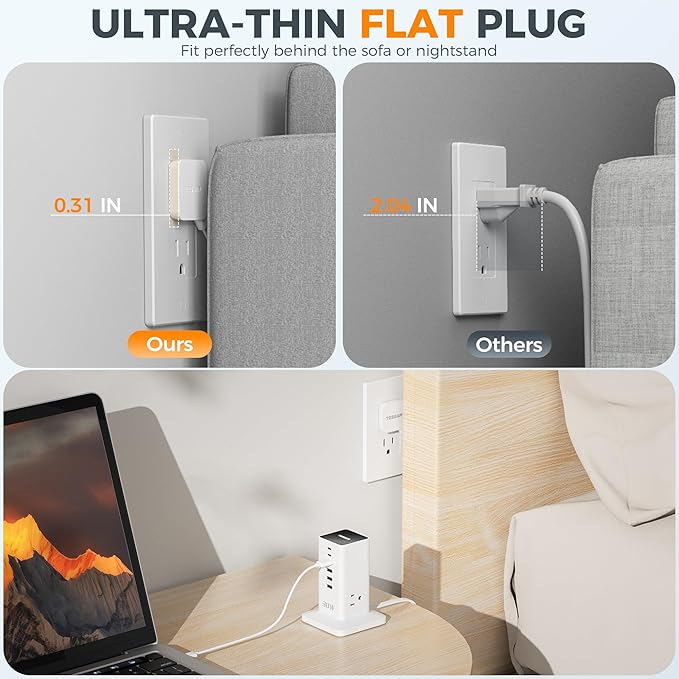 Charging Station 30W, TESSAN 9-in-1 Charger Blocks for iPhone 17/16/15/14, Tablets, Earphone with Surge Protector, 5ft Flat Extension Cord with 4 USB A, and 2 USB C for Home, Office, Drom, White