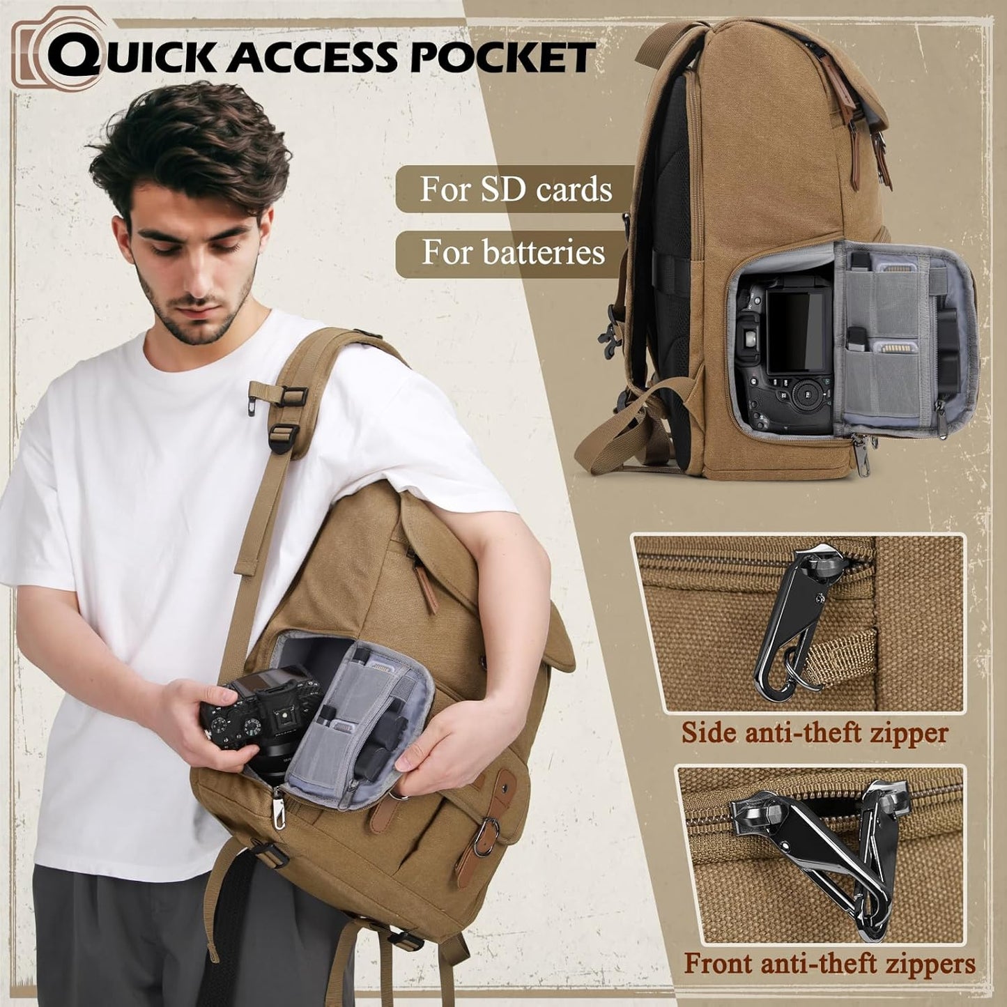 RAINSMORE Camera Bag Backpack for DSLR/SLR Mirrorless 15.6 Inch Laptop Camera Back Pack for Photographers Anti-Theft Photography Bags Case with Tripod Holder & Rain Cover, Khaki