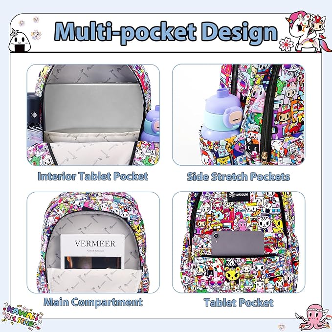 Tokidoki Unicorno Backpack Laptop Backpack for Women, Cartoon Black Backpack Large Carry on Backpack College Bookbag Casual Daypack for Travel Outdoor Sports Hiking(Kawaii Metropolis)