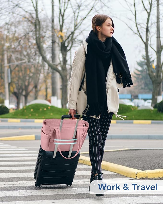 TOPDesign Puffy Tote Bag for Women with Cup Holder & Laptop Compartment & Cosmetic Bag & Trolley Sleeve for Work, Travel