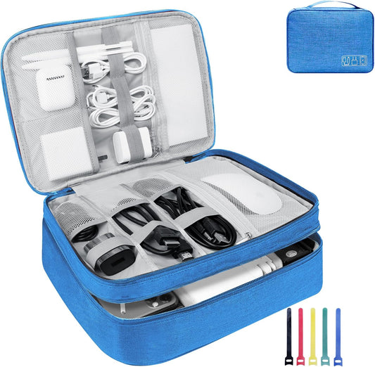 Electronics Travel Organizer,Large Double Layer Portable Waterproof Travel Organizer Bag for Charging Cable Storage,Ipad,Power Bank,Hard Drive,for Travel,Business,5pcs Cable Ties-Sky Blue