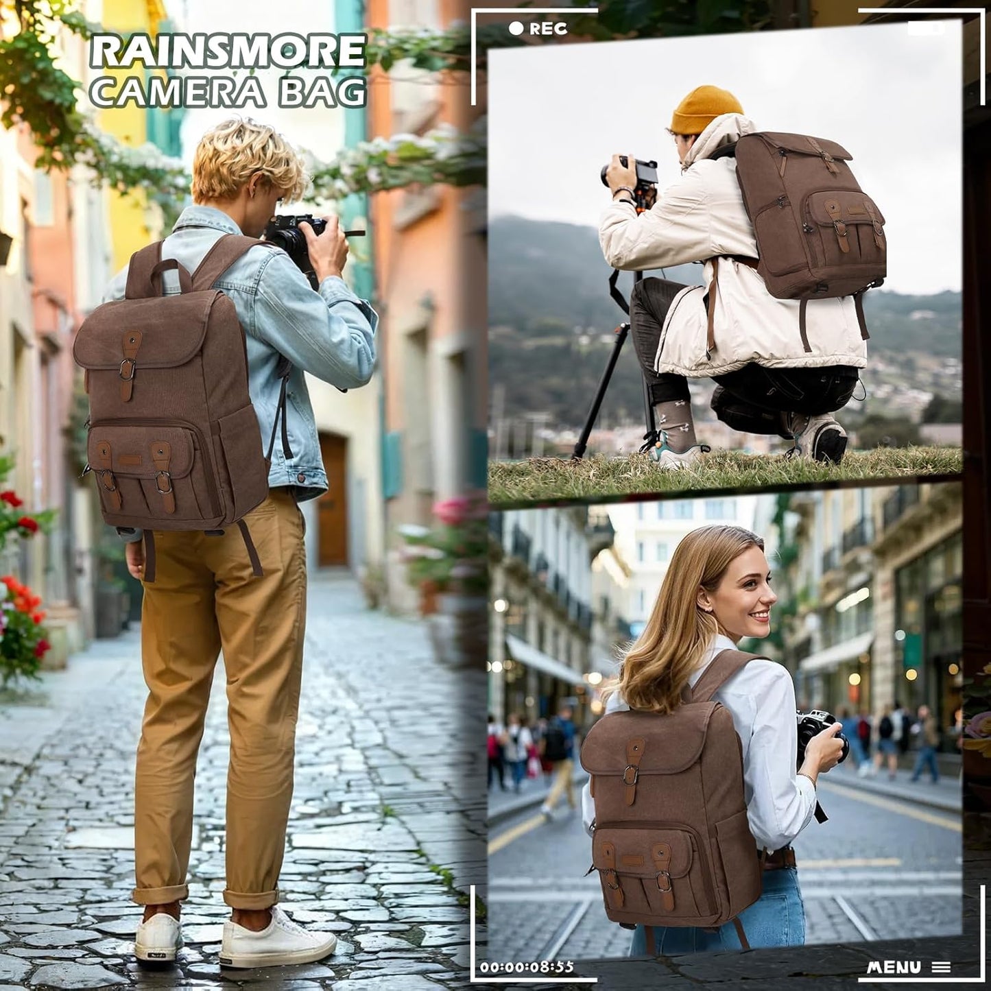 RAINSMORE Camera Bag Backpack for DSLR/SLR Mirrorless 15.6 Inch Laptop Camera Back Pack for Photographers Anti-Theft Photography Bags Case with Tripod Holder & Rain Cover, Coffee