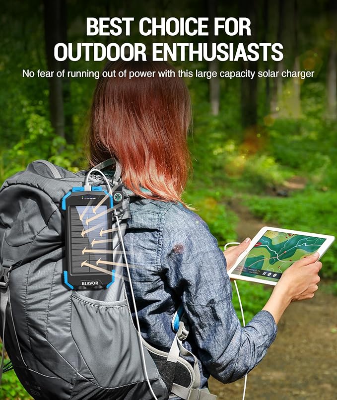 BLAVOR Solar Power Bank 10,000mAh, Portable Wireless Charger, 20W Fast Charging External Battery Pack with USB C for Cell Phones, Solar Panel Charging with Dual Flashlight for Camping