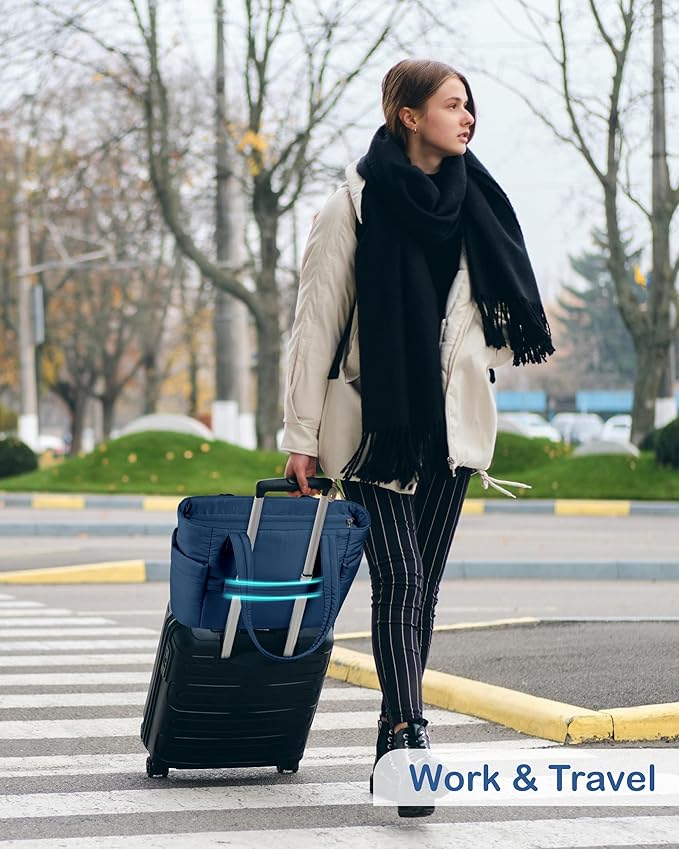 TOPDesign Puffy Tote Bag for Women with Cup Holder & Laptop Compartment & Cosmetic Bag & Trolley Sleeve for Work, Travel