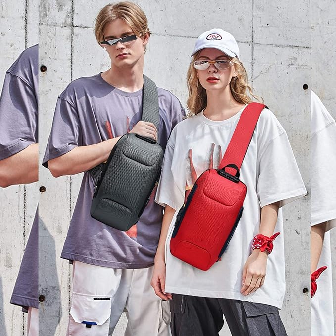 FANDARE Anti-theft Sling Bag New Men Crossbody Bag fit 10.5 inch tablet Women Chest Pack with USB Charging Port Shoulder Bag for Cycling Camping Riding Hiking Daypacks Waterproof Polyester Red A