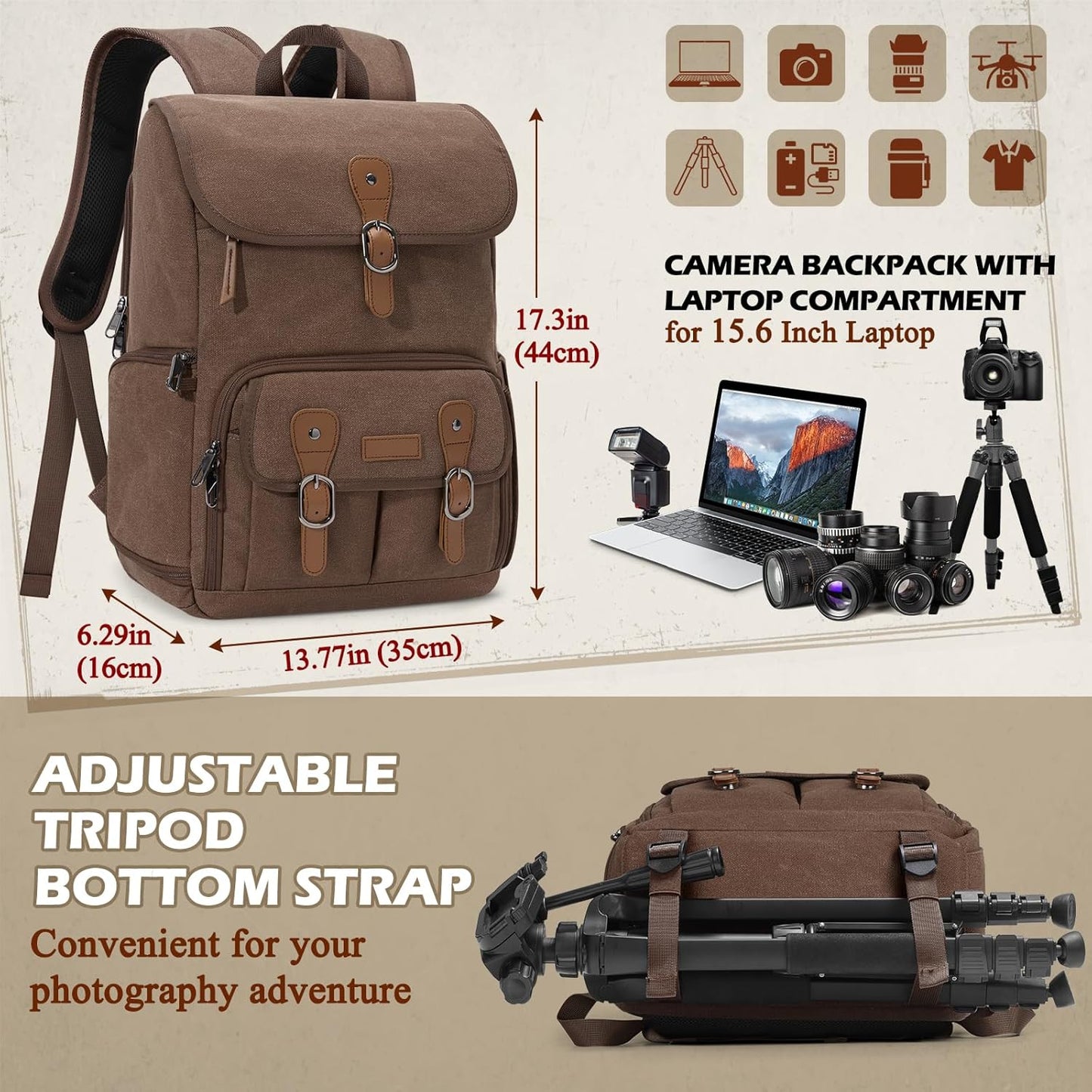 RAINSMORE Camera Bag Backpack for DSLR/SLR Mirrorless 15.6 Inch Laptop Camera Back Pack for Photographers Anti-Theft Photography Bags Case with Tripod Holder & Rain Cover, Coffee