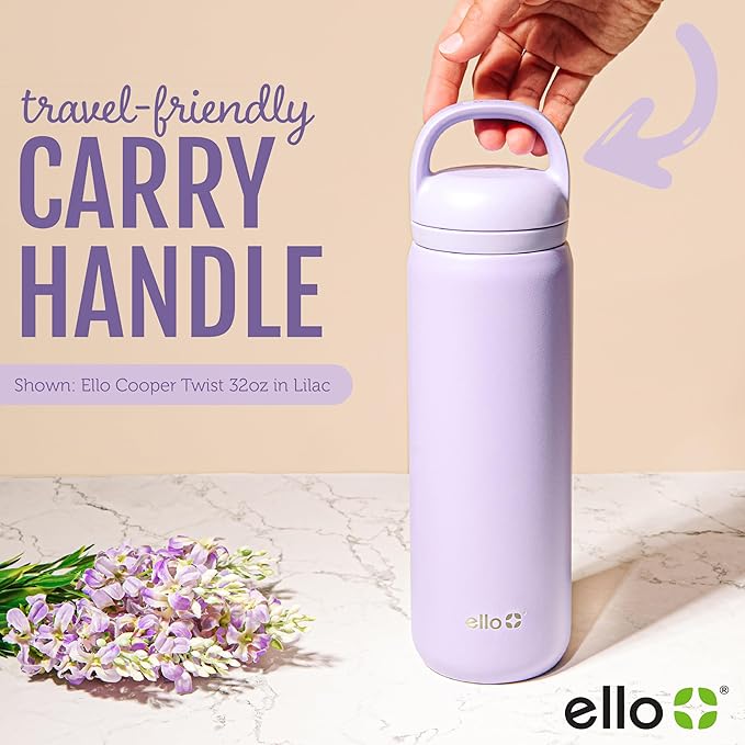 Ello Cooper Twist 32oz Stainless Steel Water Bottle with Chug Lid | Leak Proof | Double Walled and Vacuum Insulated | Built in Carry Loop | Dishwasher Safe | Lilac