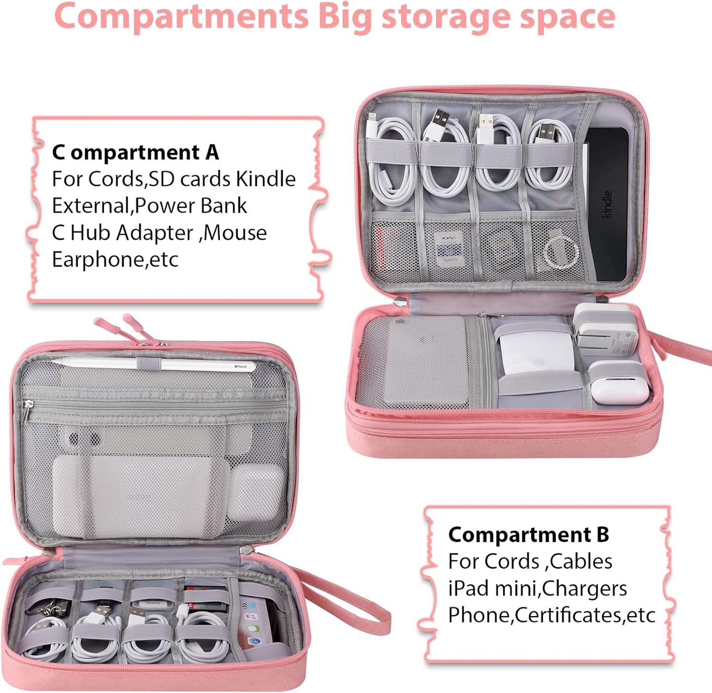 DDgro Charge Organizer Case Bag, Electronics Travel Pouch for Cable & Cords, Tech Accessories (Large, Pink)