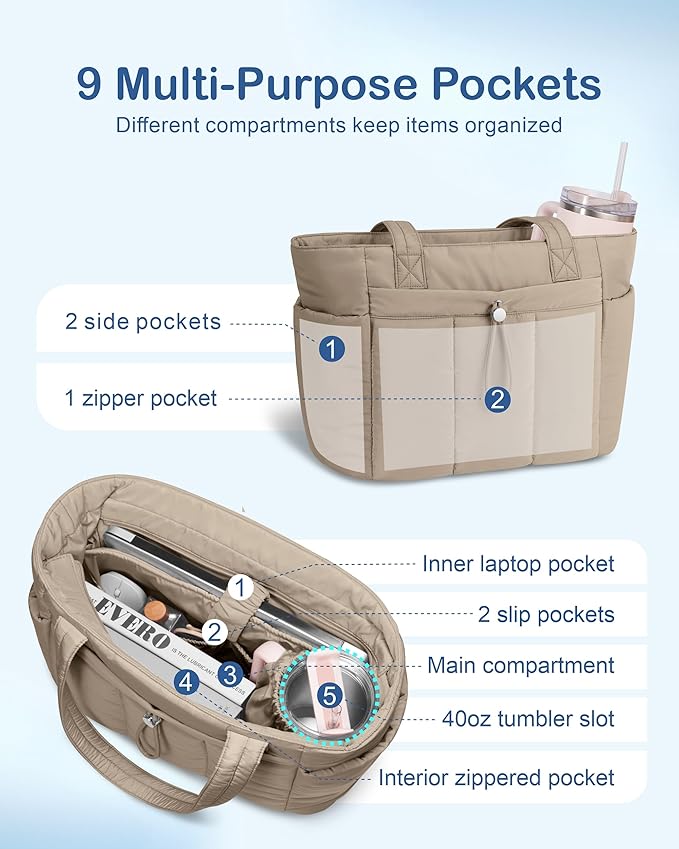 TOPDesign Puffy Tote Bag for Women with Cup Holder & Laptop Compartment & Cosmetic Bag & Trolley Sleeve for Work, Travel
