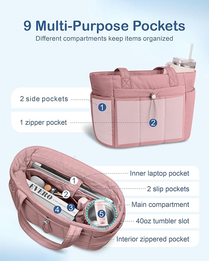 TOPDesign Puffy Tote Bag for Women with Cup Holder & Laptop Compartment & Cosmetic Bag & Trolley Sleeve for Work, Travel