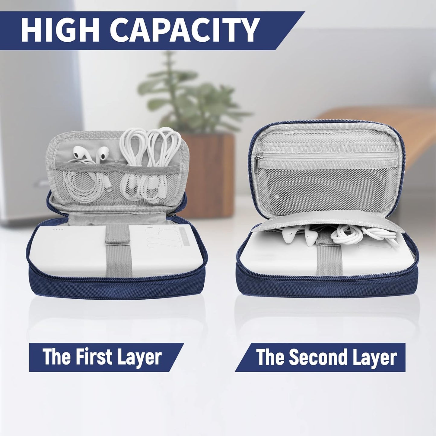 Travel Cable Organizer Bag Pouch Electronic Accessories Carry Case Portable Waterproof All-in-One Storage Bag for Cable,Charger, Phone, Hard Drive，SD Card-Navy Blue