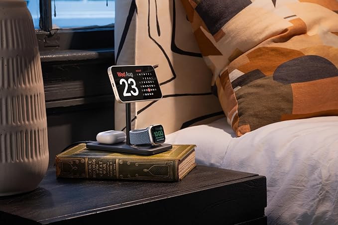 Twelve South HiRise 3 Deluxe, Compact Luxury Wireless Magsafe Charging Stand for iPhone, AirPods and Apple Watch - Includes US Power Supply with 5 Foot Cord, Plus International Plug Adapters, Black