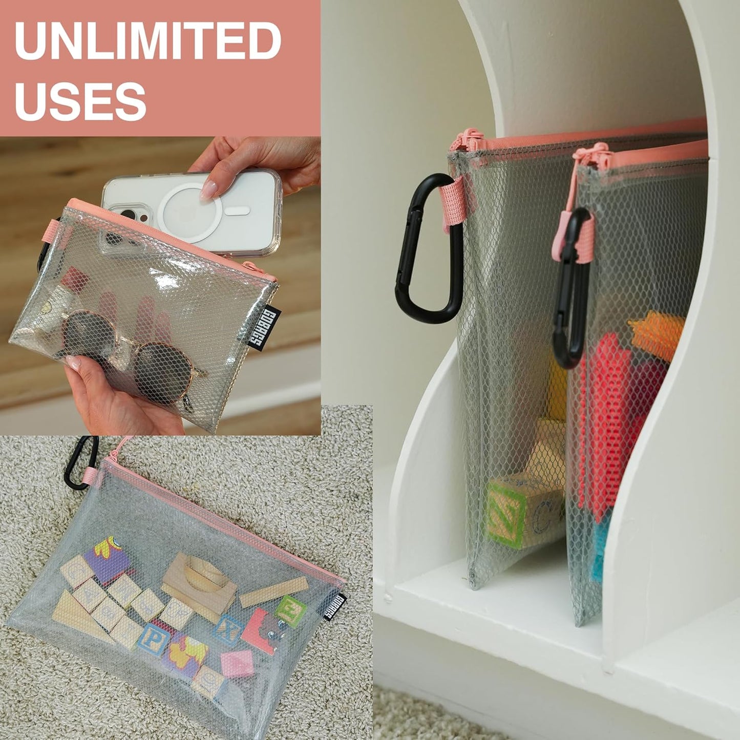 GOBAGS Air Production Multi‑Size Clear Zipper Pouch (4‑Pack) – Cable Organizer & Travel Gear Bag for Electronics, Camera Accessories, Tool Pouch & Small Tech Storage (Pink)