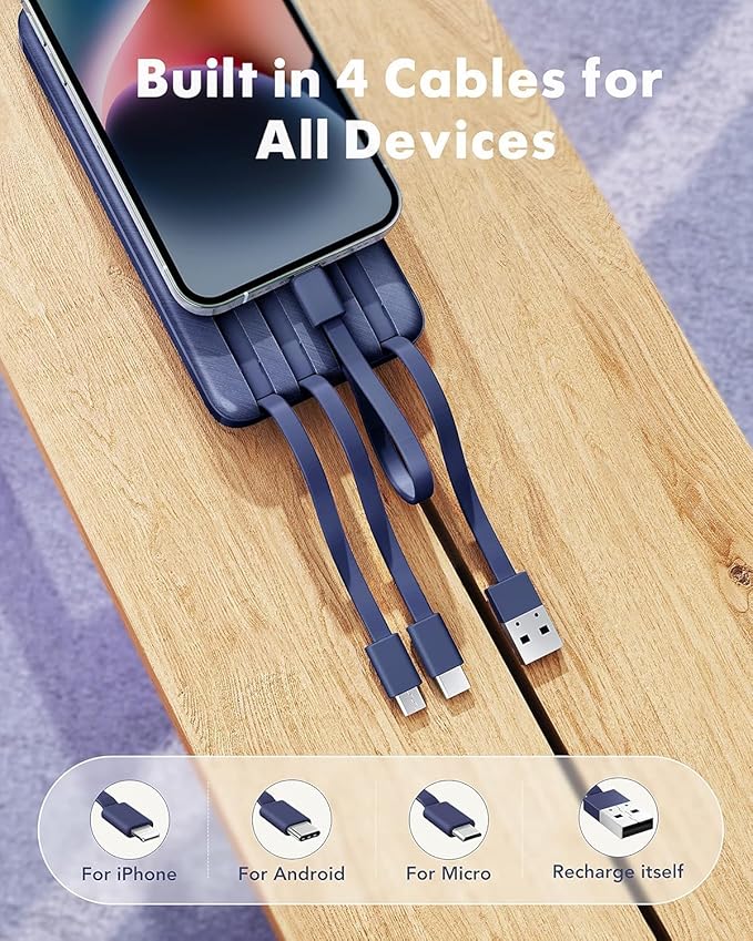 charmast Portable Charger with Built in Cables, Power Bank with Cords Wires, Slim 10000mAh Travel Battery Pack 6 Outputs 3 Inputs 3A Fast Charging for Samsung Google Pixel LG Moto iPhone iPad