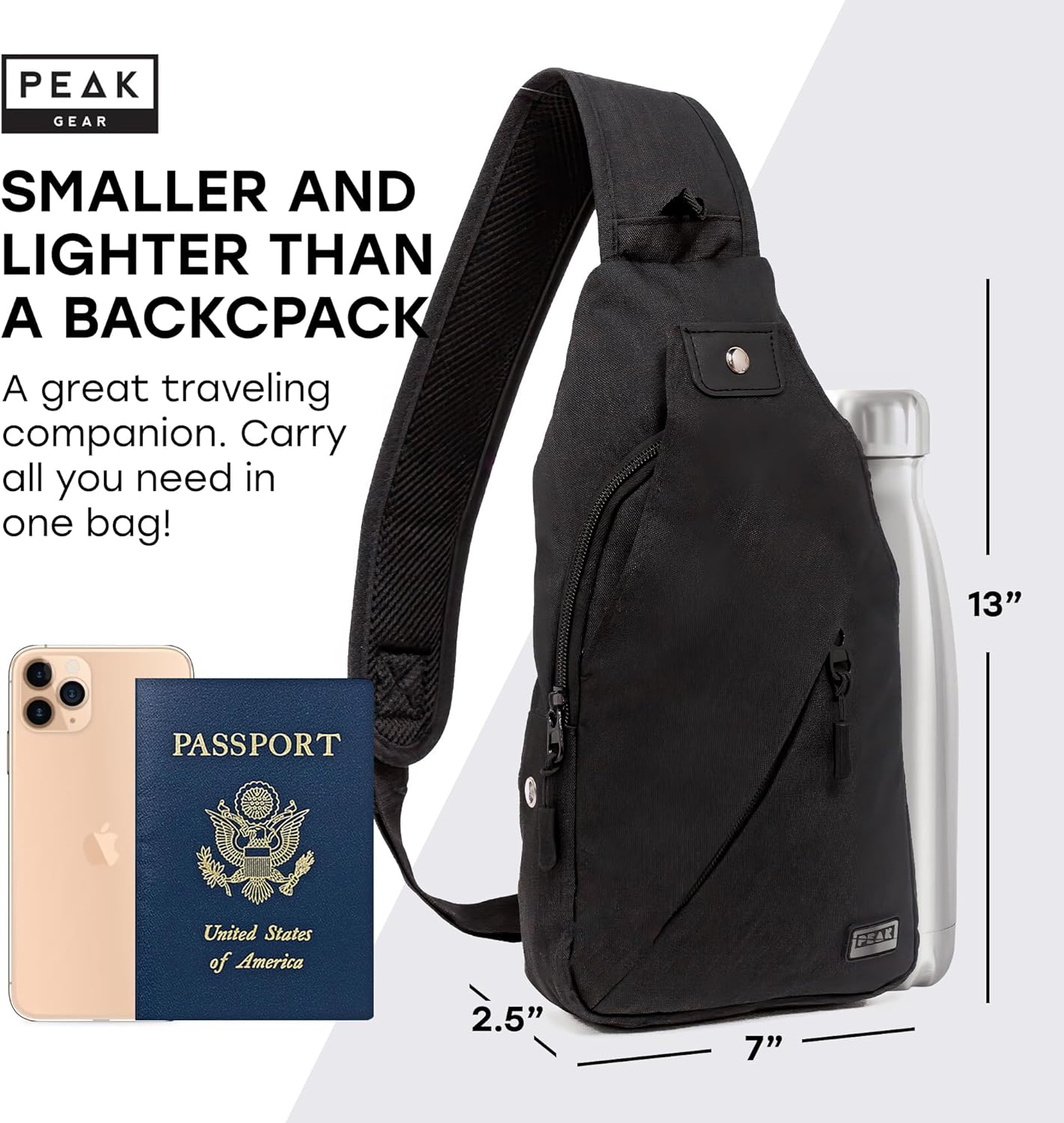 Peak Gear Travel Sling Bag. Compact Crossbody Bag | Lighter and Smaller than a Backpack | Lifetime Lost & Found ID Tag