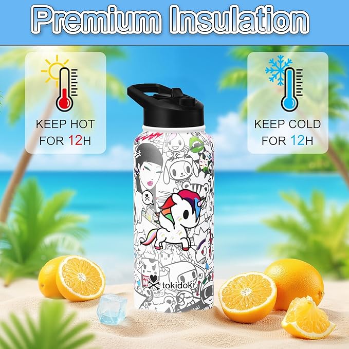Tokidoki Unicorno 32OZ Water Bottle with straw Anime Cartoon Reusable Insulated Water Bottle Cup Tumbler with Leak Proof Flip for Outdoor Gym (BN-allstars)