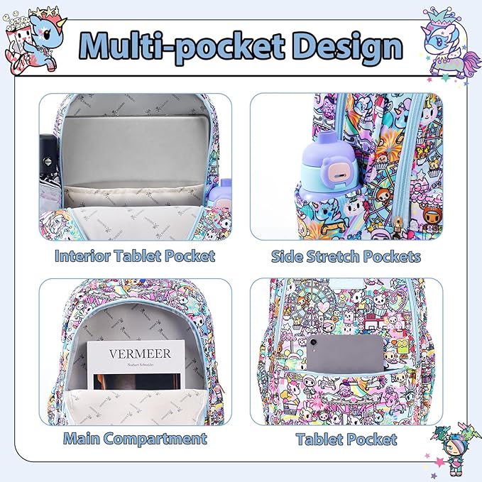 Tokidoki Unicorno Backpack Laptop Backpack for Women, Cartoon Blue Backpack Large Carry on Backpack College Bookbag Casual Daypack for Travel Outdoor Sports Hiking(Candy Carnival)