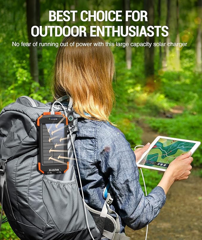 BLAVOR Solar Power Bank 10,000mAh, Portable Wireless Charger, 20W Fast Charging External Battery Pack with USB C for Cell Phones, Solar Panel Charging with Dual Flashlight for Camping