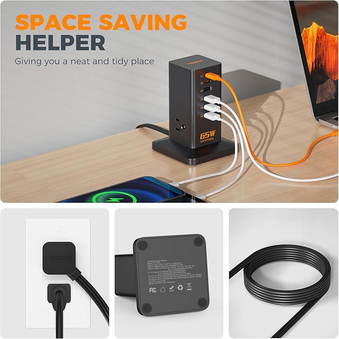 USB Charging Station for Multiple Devices PD 65W, TESSAN 9-in-1 USB C Charger Block for iPhone 17/16/15, MacBook, Tablet, Type C Desktop Charger with 3 AC, Home Travel Office Accessories