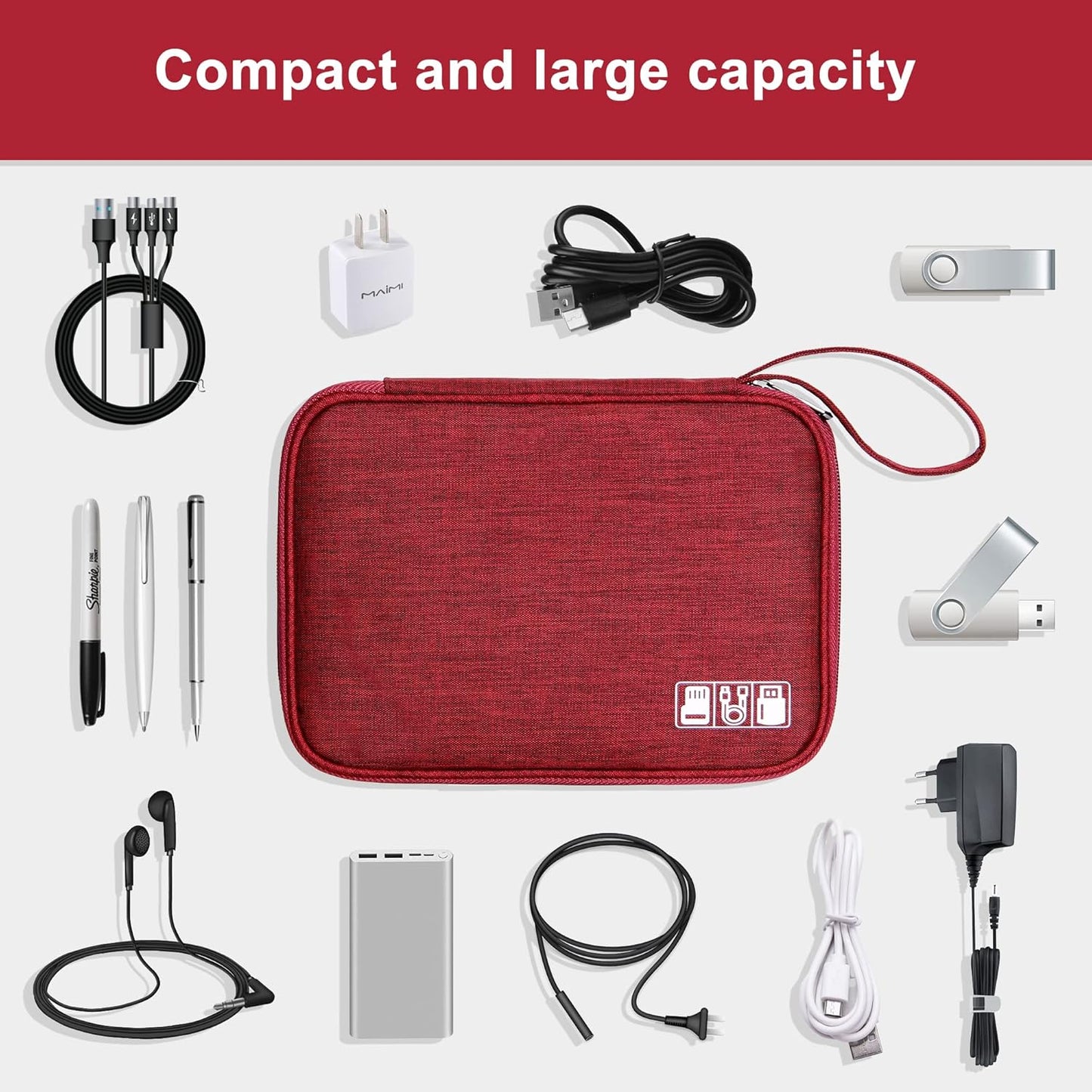 SELLYFELLY Travel Electronics Organizer Portable Cable Organizer Bag for Storage Electronic Accessories Case for Cord,Phone,Charger,Flash Drive (Wine Red)