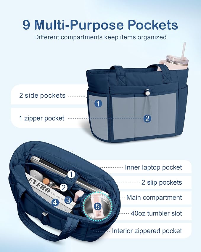 TOPDesign Puffy Tote Bag for Women with Cup Holder & Laptop Compartment & Cosmetic Bag & Trolley Sleeve for Work, Travel