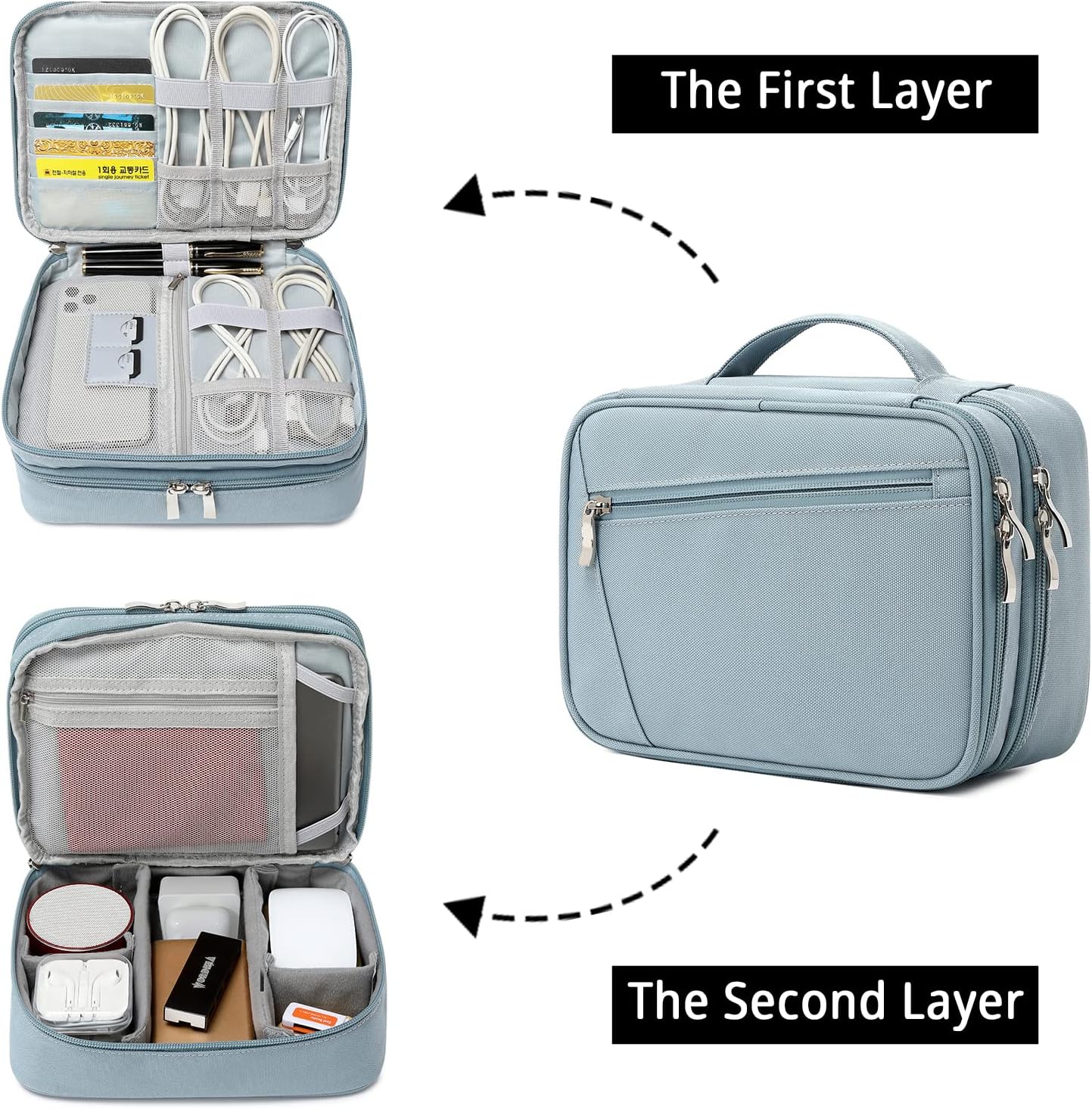 mygreen Electronics Travel Organizer, Watreproof Electronic Accessories Case Portable Double Layer Cable Storage Bag for Cord, Charger, Flash Drive, Phone, Ipad Mini, SD Card, Gifts for Him Blue