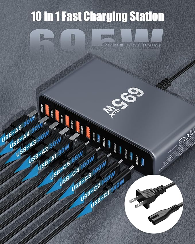 695W USB C Charger Block,10-Port USB C Charging Station GaN IV Travel Essentials Multiple Port Charging Station,100W Laptop Fast Charger Adapter for MacBook Pro/Air,DELL,iPad,iPhone,Samsung Galaxy