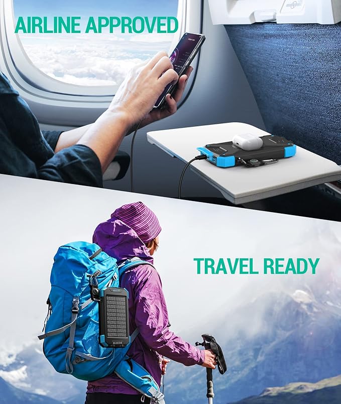 BLAVOR Solar Power Bank 10,000mAh, Portable Wireless Charger, 20W Fast Charging External Battery Pack with USB C for Cell Phones, Solar Panel Charging with Dual Flashlight for Camping