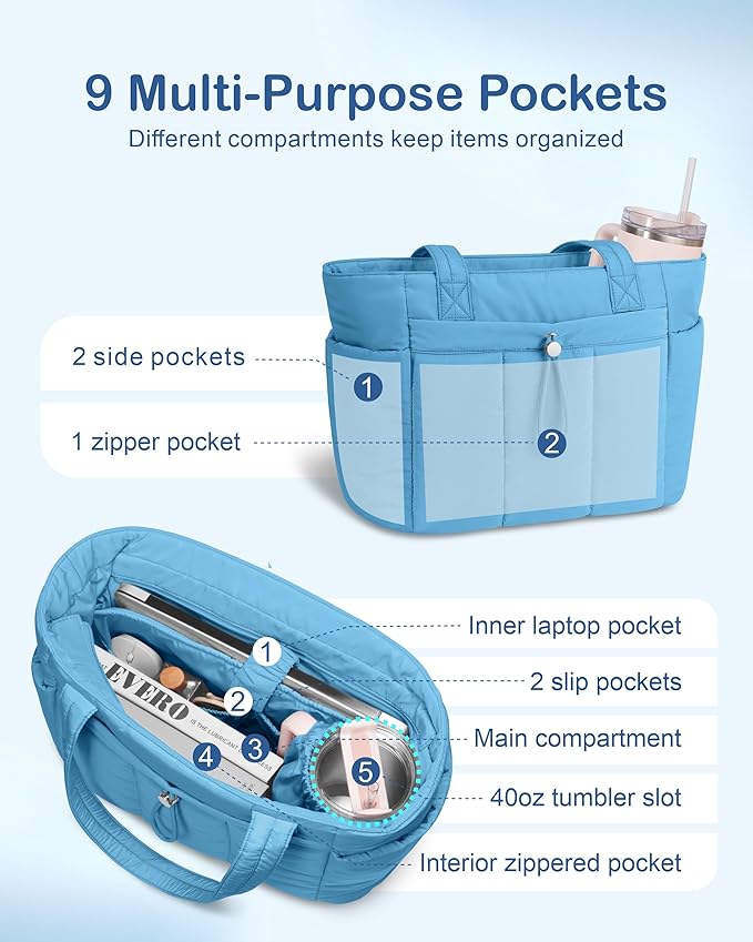 TOPDesign Puffy Tote Bag for Women with Cup Holder & Laptop Compartment & Cosmetic Bag & Trolley Sleeve for Work, Travel