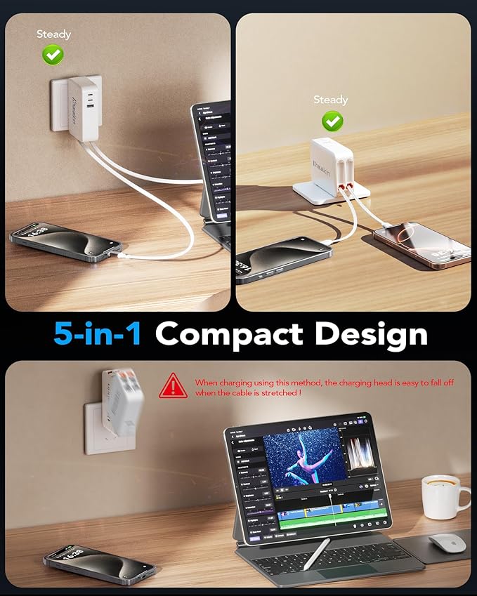 65W for MacBook Pro Charger,5-in-1 Retractable Wall Charger Plug for iPhone 17, Dual 3.94 ft PD USB C Cable&3 Ports, Fast Charging Block for Mac Book Pro/Air, M1 M2 M3 M4, iPad Pro,Galaxy,Pixel