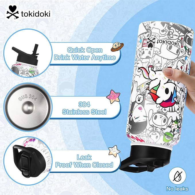 Tokidoki Unicorno 32OZ Water Bottle with straw Anime Cartoon Reusable Insulated Water Bottle Cup Tumbler with Leak Proof Flip for Outdoor Gym (BN-allstars)