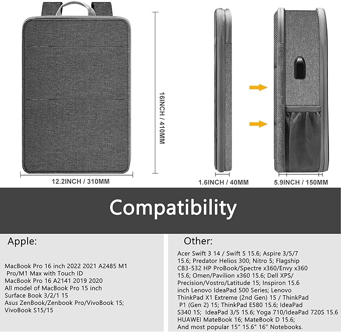 ZINZ Slim & Expandable Laptop Backpack 15 15.6 16 Inch Sleeve, Spill-Resistant Notebooks Bag Case for Most 14-16 Inch MacBooks Surface-Books Dell HP Lenovo Asus Computers,D01G02