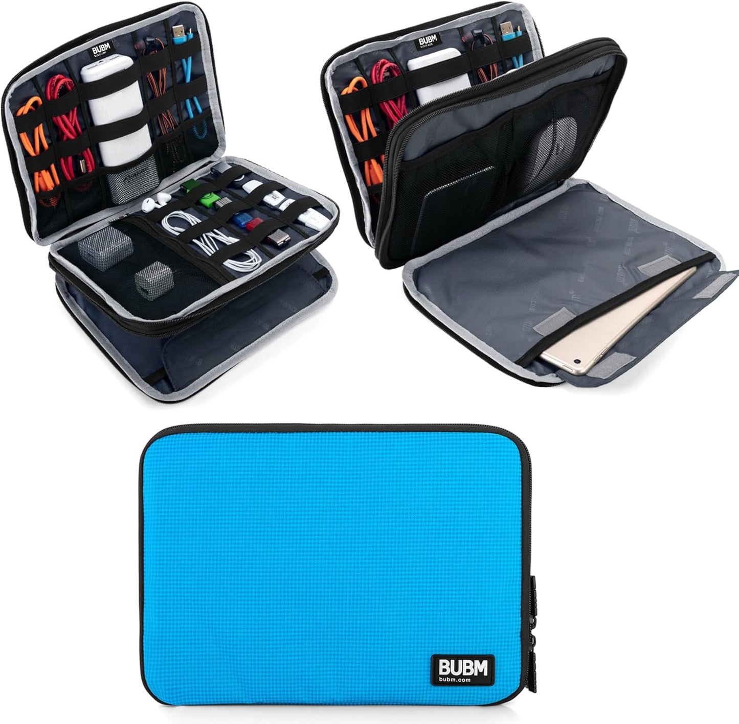 BUBM Double Layer Electronics Organizer/Travel Gadget Bag for Cables, Memory Cards, Flash Hard Drive and More, Fit for iPad or Tablet(up to 9.7")-Large, Blue