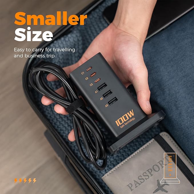 USB C Charger Blcok PD 100W, TESSAN 6-in-1 Charging Station for Multiple Devices, Desktop Tower Charger with 6 USB Ports for iPhone 17/16/15, MacBook, Tablet, Office Home Dorm Room Accessories