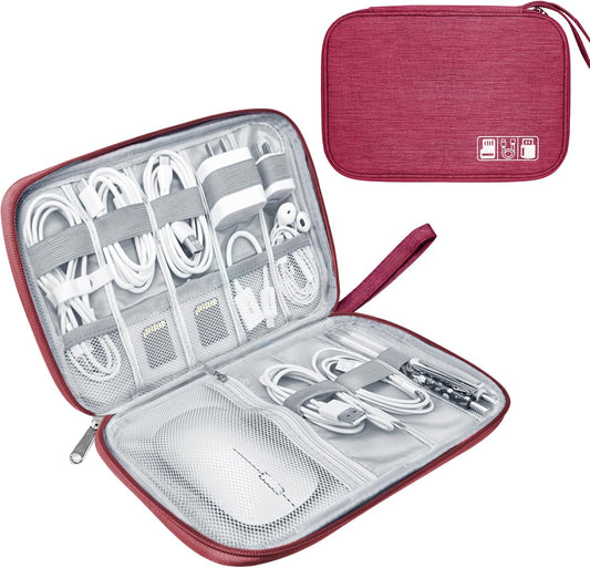 Electronics Travel Organizer,Portable Waterproof Electronic Travel Storage Bag for Small Charging Cord Storage,Charger,Small Electronics,SD Card etc,for Travel,Business -Wine Red