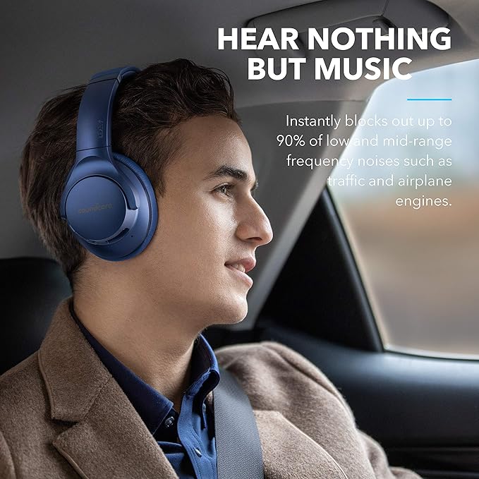 Soundcore Life Q20 Hybrid Active Noise Cancelling Wireless Bluetooth Headphones Over Ear with 40H Playtime, Hi-Res Audio, Deep Bass, Memory Foam Ear Cups and Headband (Renewed)