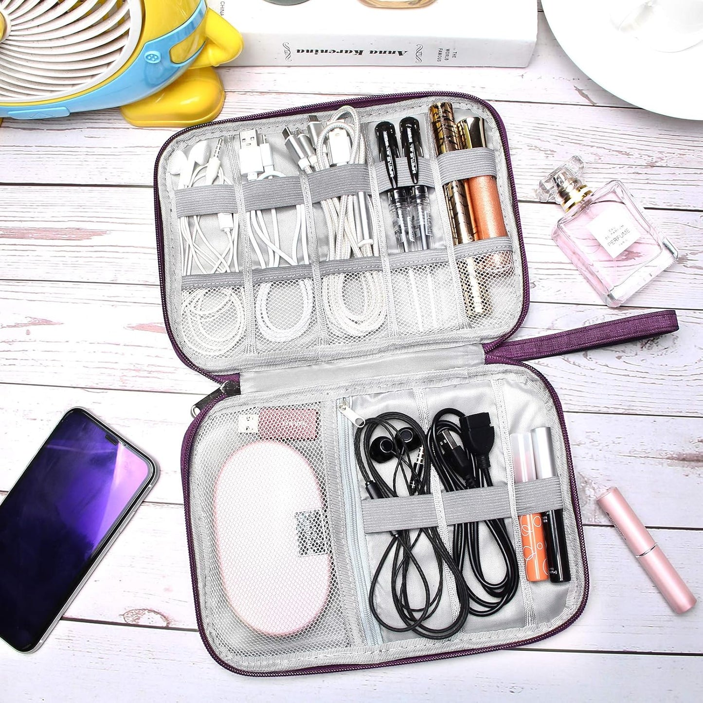 SELLYFELLY Travel Electronics Organizer Portable Cable Organizer Bag for Storage Electronic Accessories Case for Cord,Phone,Charger,Flash Drive (Purple)