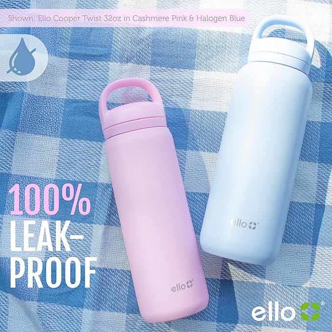 Ello Cooper Twist 32oz Stainless Steel Water Bottle with Chug Lid | Leak Proof | Double Walled and Vacuum Insulated | Built in Carry Loop | Dishwasher Safe | Lilac