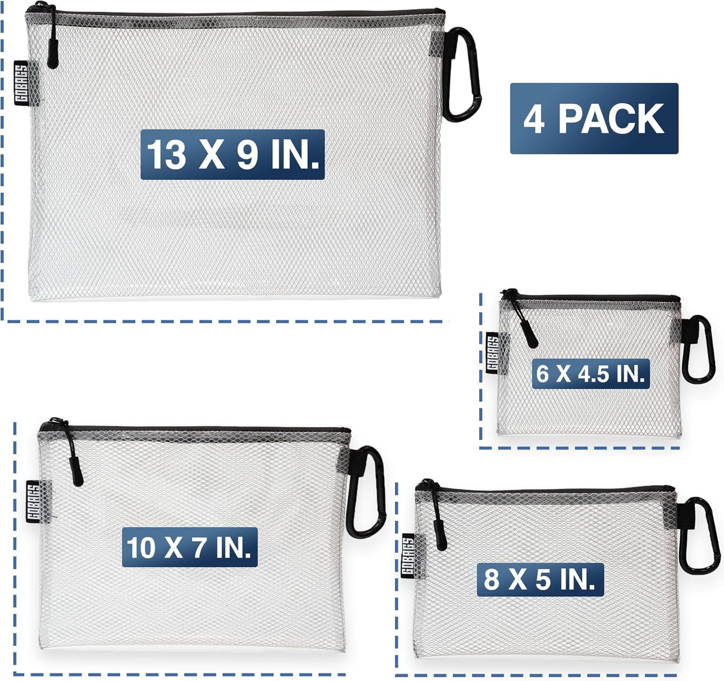 GOBAGS Air Production Multi‑Size Clear Zipper Pouch (4‑Pack) – Cable Organizer & Travel Gear Bag for Electronics, Camera Accessories, Tool Pouch & Small Tech Storage