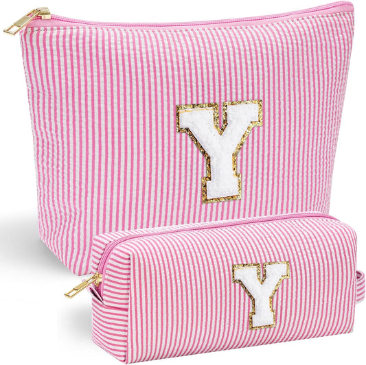 YOOLIFE Travel Makeup Bag Cosmetic Bag - Make Up Bag with Makeup Brush Bag Monogram Makeup Pouch Bag 2 Pieces Cute Makeup Bag Personalized Gifts Best Friend Birthday Gifts for Women Pink Letter Y
