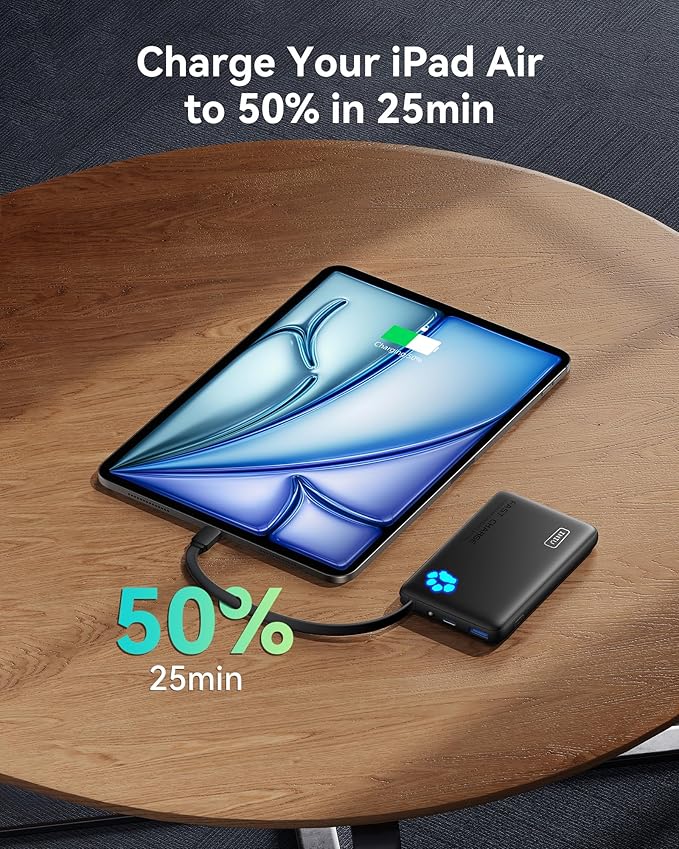 INIU PawGo Portable Charger, 45W PD 10000mAh Slim Power Bank with Built-in USB-C, Travel Airplane Camping Hiking, for Family Commuter Students Photographers