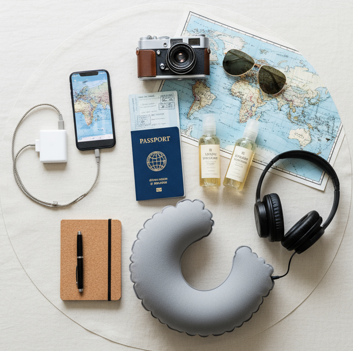 circle photo of travel supplies, make a real photo